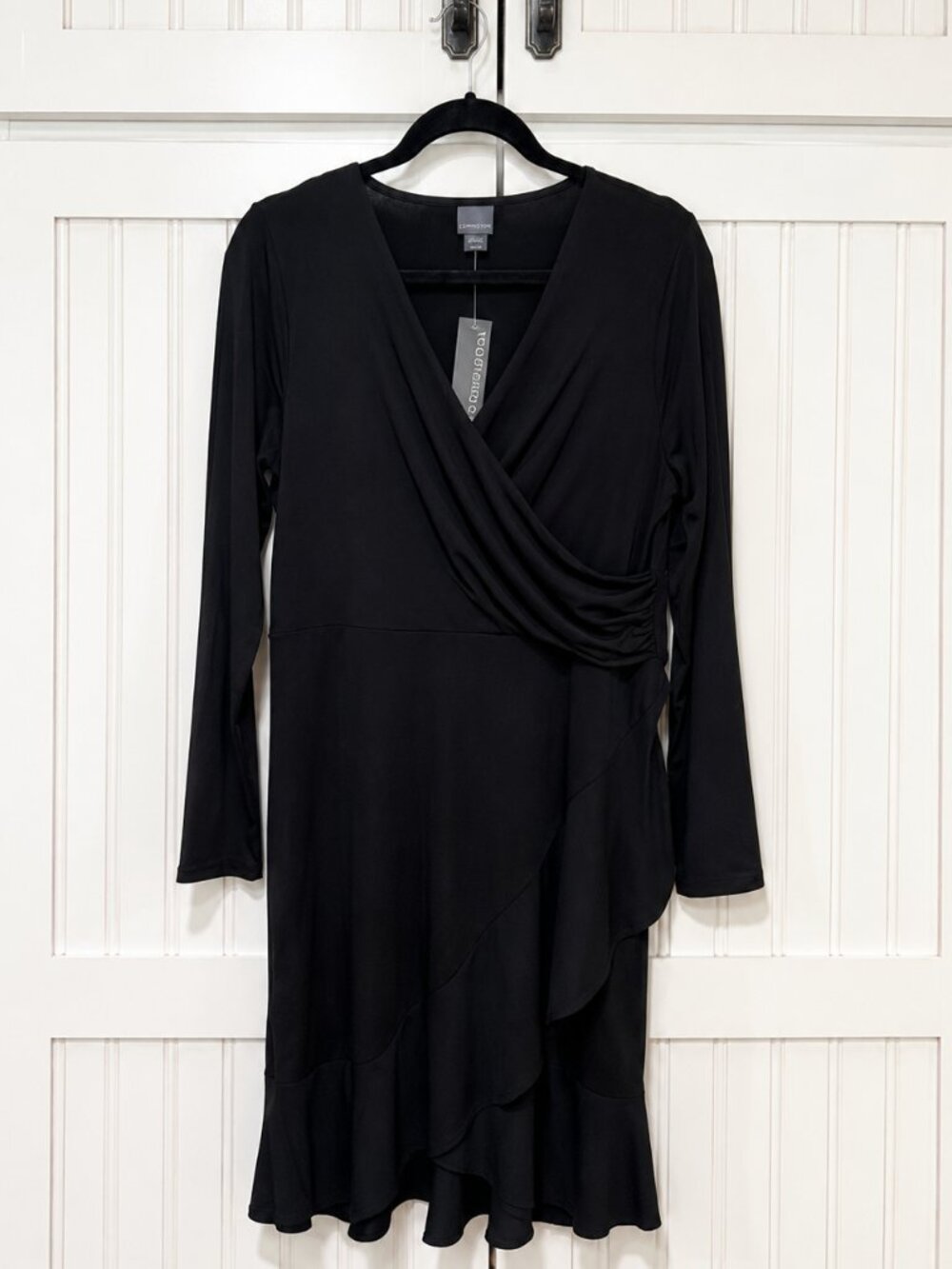 Covington NWT Black Wrap Front Long Sleeve Ruffle Hem Dress Size Medium